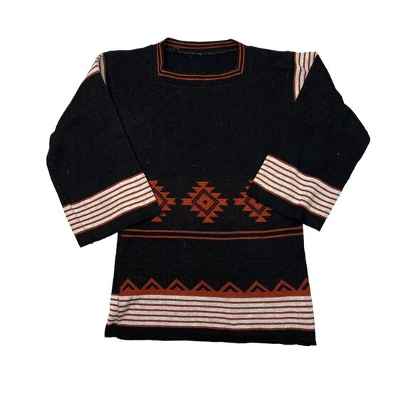 Vintage 70s Square Neck Wide Sleeve Sweater Dress Black Brown Girls M Medium - Picture 1 of 6